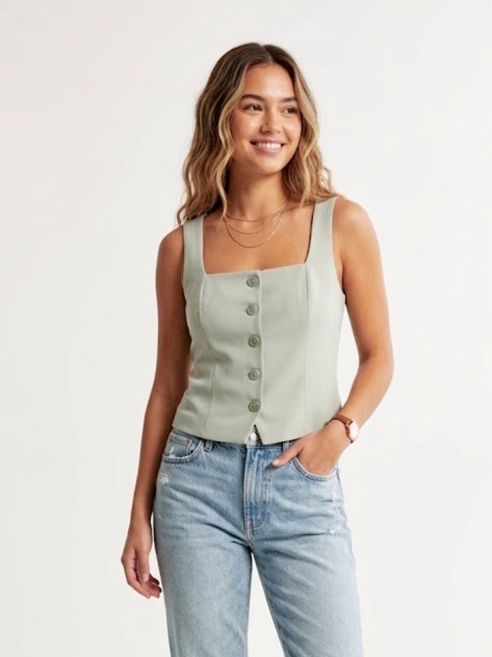 Abercrombie & Fitch NWT Mara Tailored Square Neck Button Down Shirt Vest Size XL